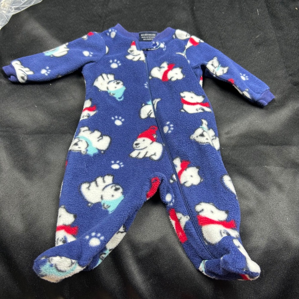 Faded Glory Newborn Blue Fleece Polar Bear Footed Sleeper Pajamas One Piece